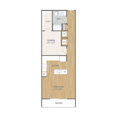 Floor plan for 1 bed, 1 bath, 702 sqft